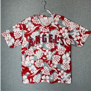 Angels Hawaiian Shirt Mens XL MLB Baseball Kloanz Experian Logo‎ Red Floral